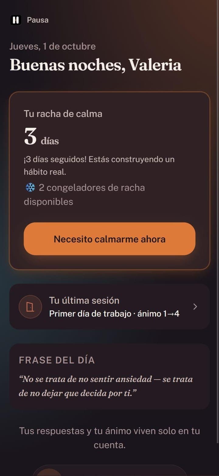Pantalla Hoy de Pausa con el botón Necesito calmarme ahora