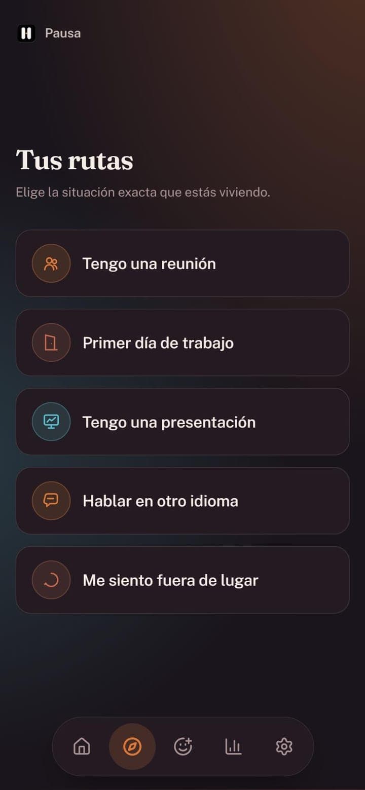 Pantalla Tus rutas de Pausa con las situaciones para elegir